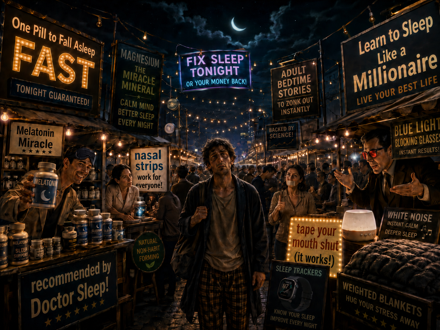 A bustling marketplace of sleep fixes and quick answers.