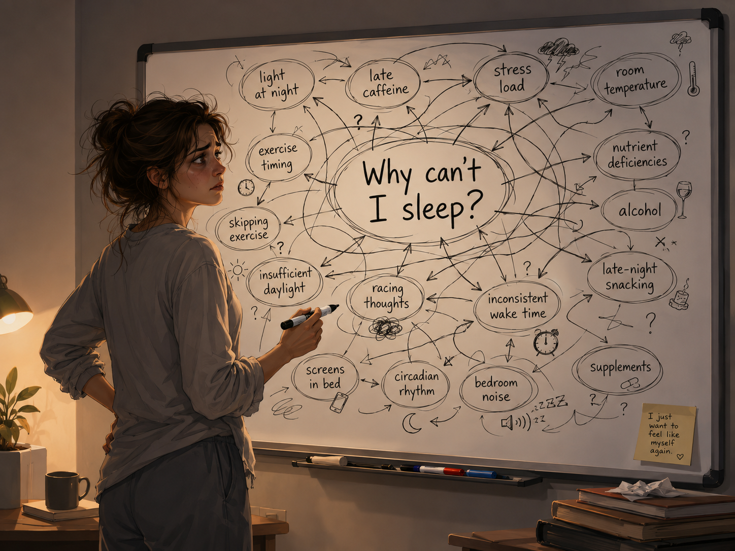 An anxious woman in front of a whiteboard covered in a tangled web of possible reasons she can't sleep — light at night, late caffeine, stress load, room temperature, racing thoughts, inconsistent wake time, screens in bed, and more — with a sticky note reading 'I just want to feel like myself again.'